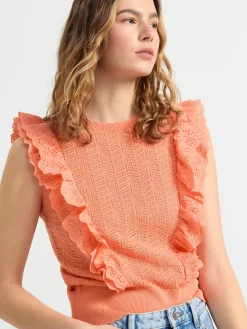 Toppar & T-Shirts>Lindex Armlos Stickad Topp Med Volanger Light Orange