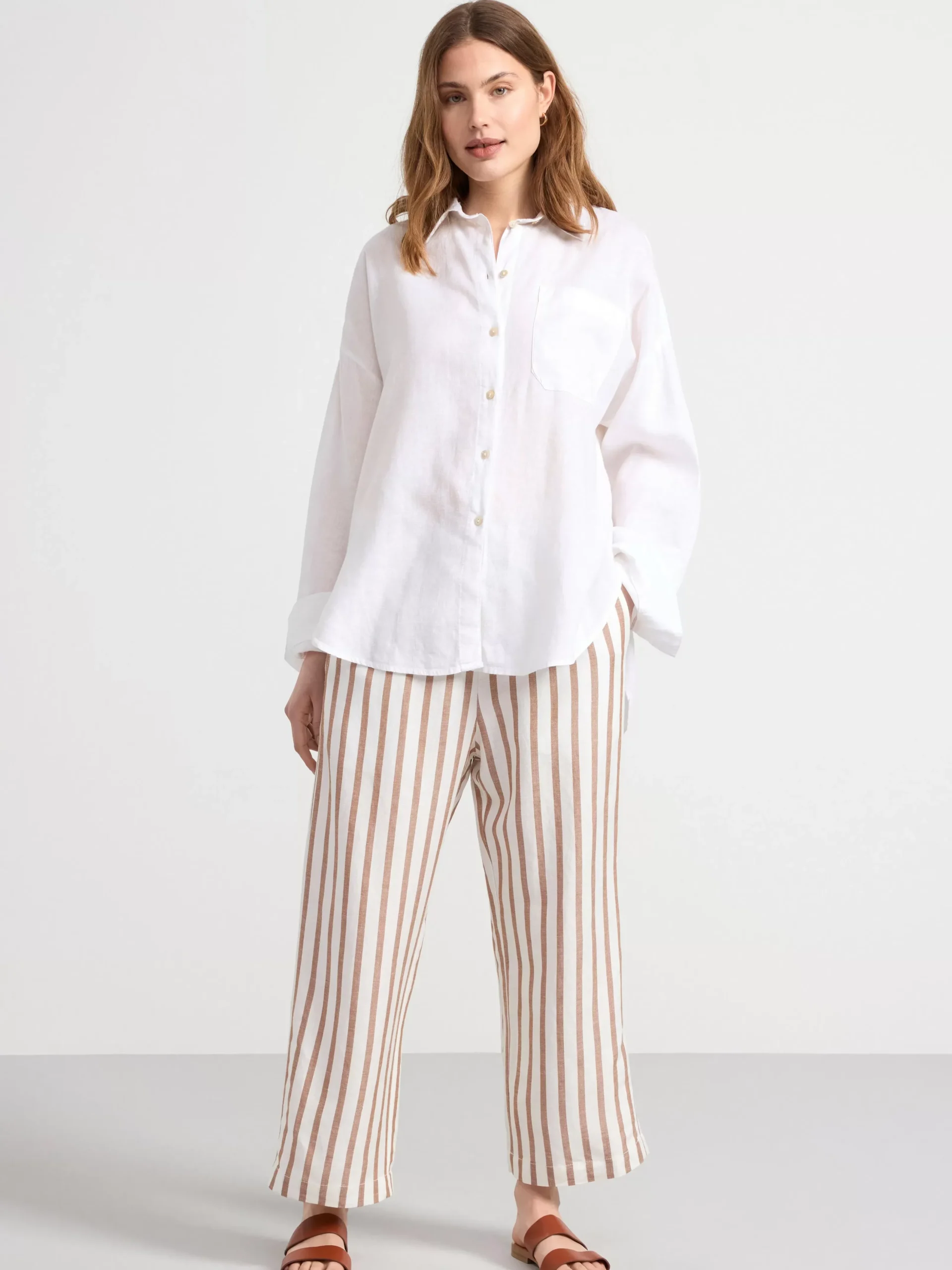 Byxor>Lindex Bella Rak Croppad Byxa I Linne Off White