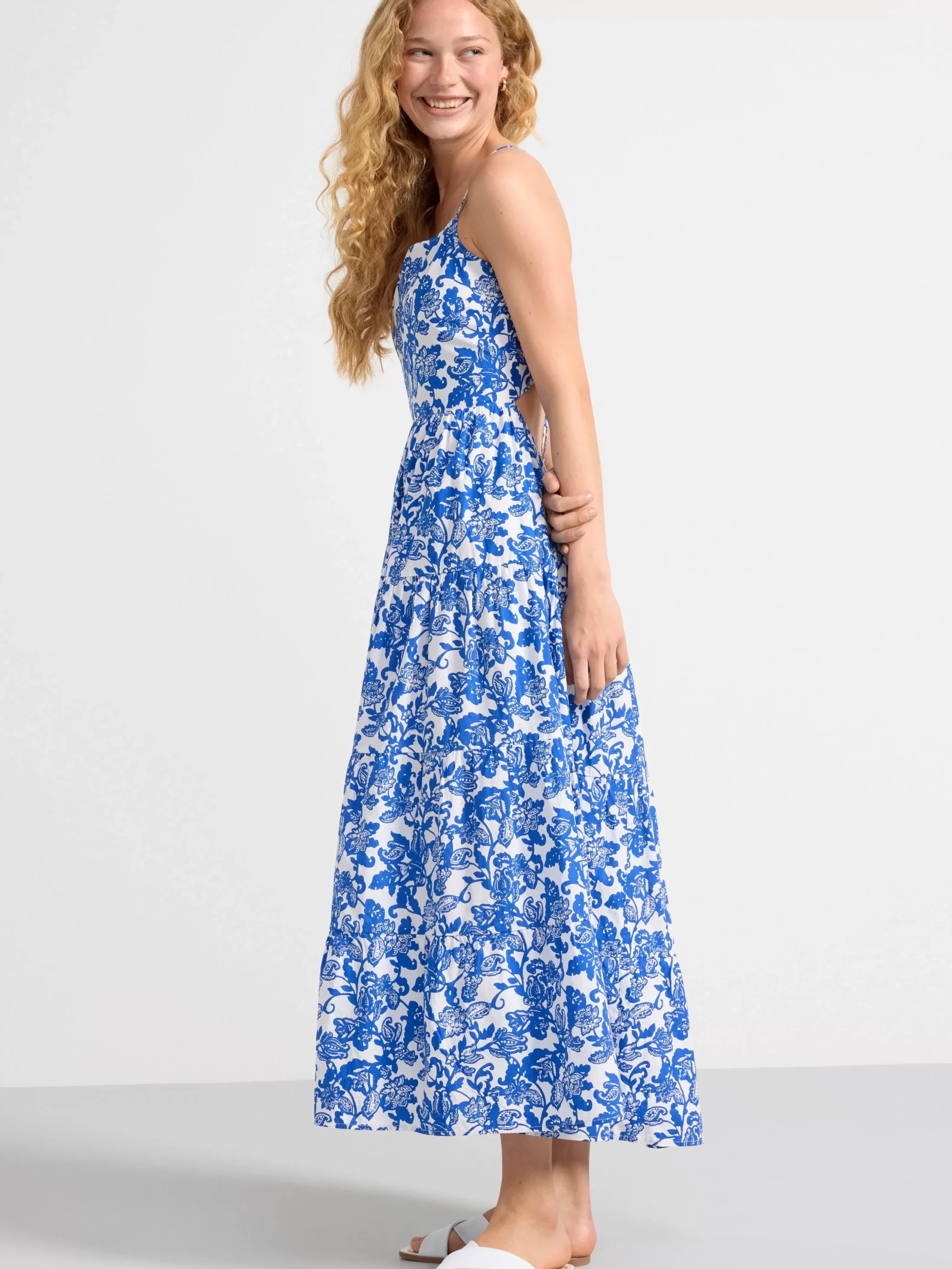 Klänningar>Lindex Blommig Maxiklanning Med Volang Strong Blue