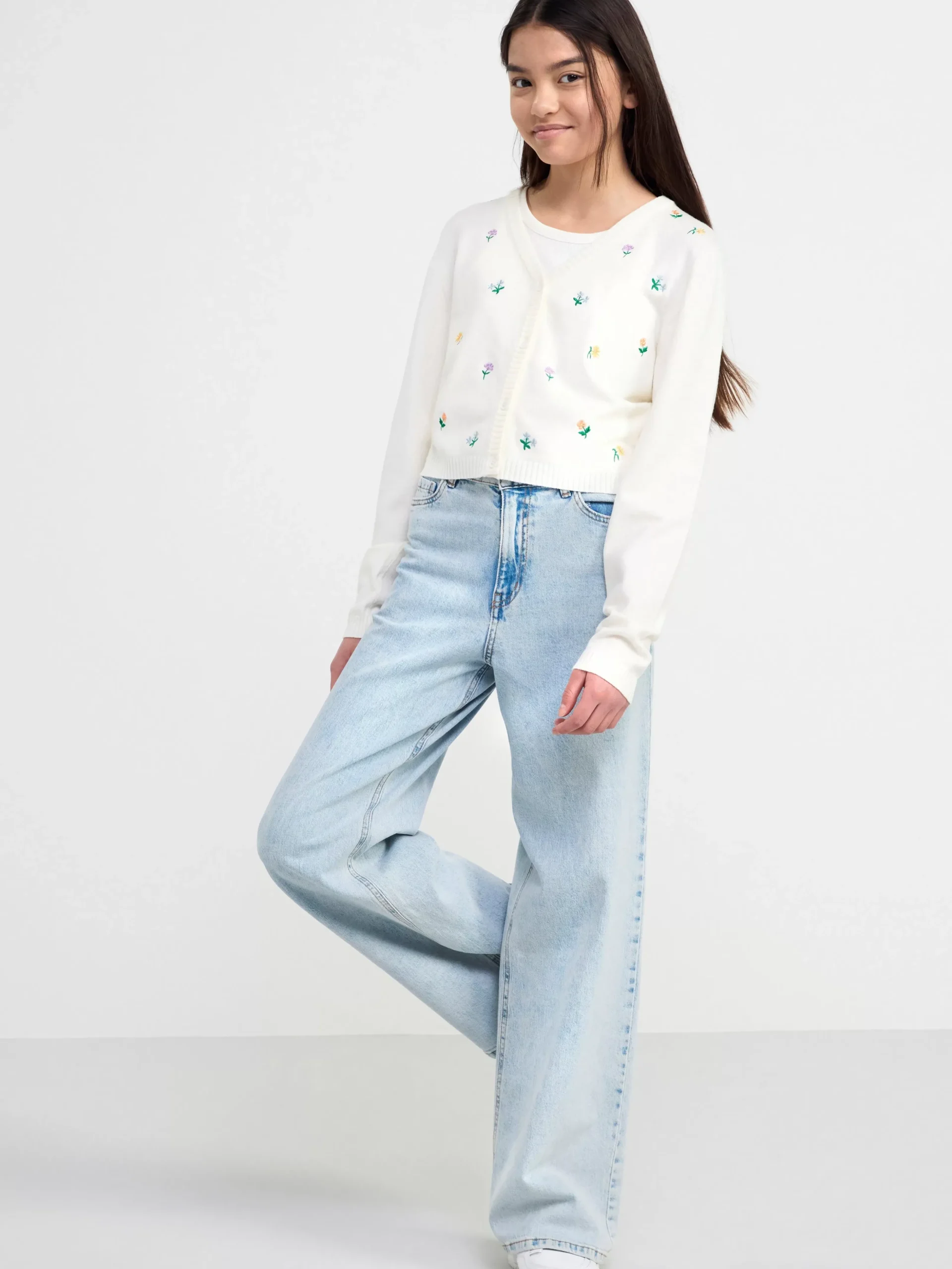 Tröjor & Cardigans>Lindex Cardigan Med Broderade Blommor Off White