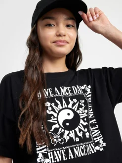 Toppar & T-Shirts>Lindex Croppad T-Shirt Med Tryck Black
