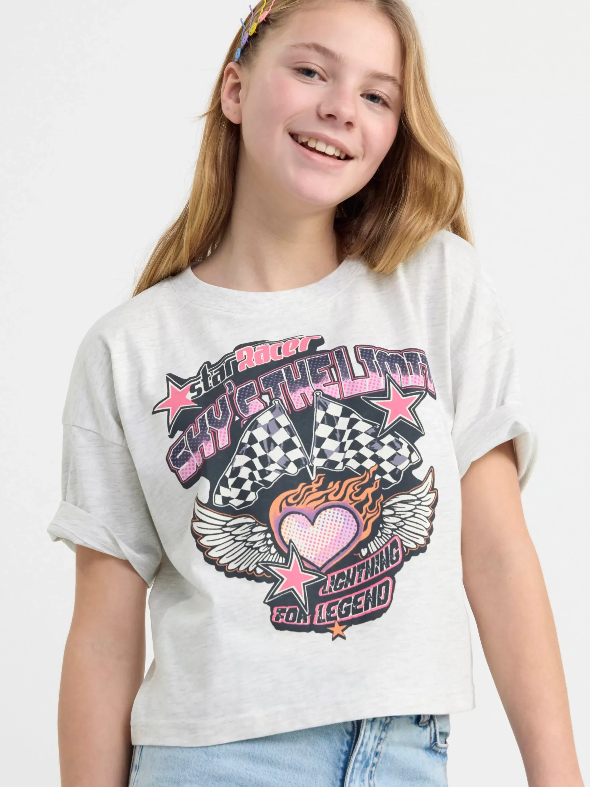 Toppar & T-Shirts>Lindex Croppad T-Shirt Med Tryck Lt Grey Melange