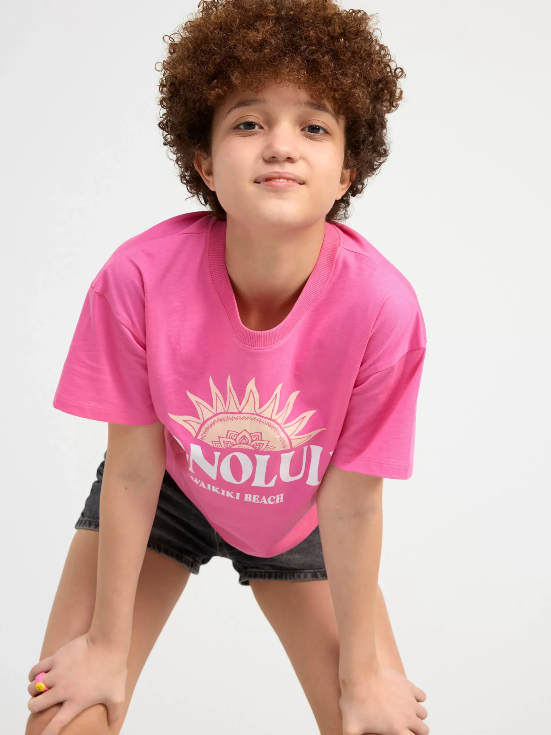Toppar & T-Shirts>Lindex Croppad T-Shirt Med Tryck Och Rynkdetaljer Pink