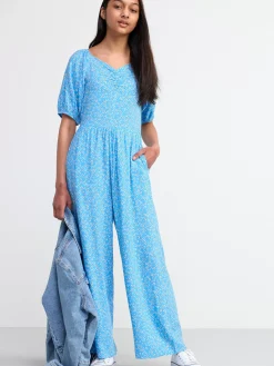 Jumpsuits>Lindex Kortarmad Blommig Jumpsuit Light Dusty Blue