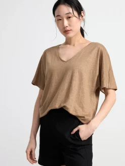 Toppar & T-Shirts>Lindex Kortarmad Linnetopp Med V‑Ringning Light Dusty Brown