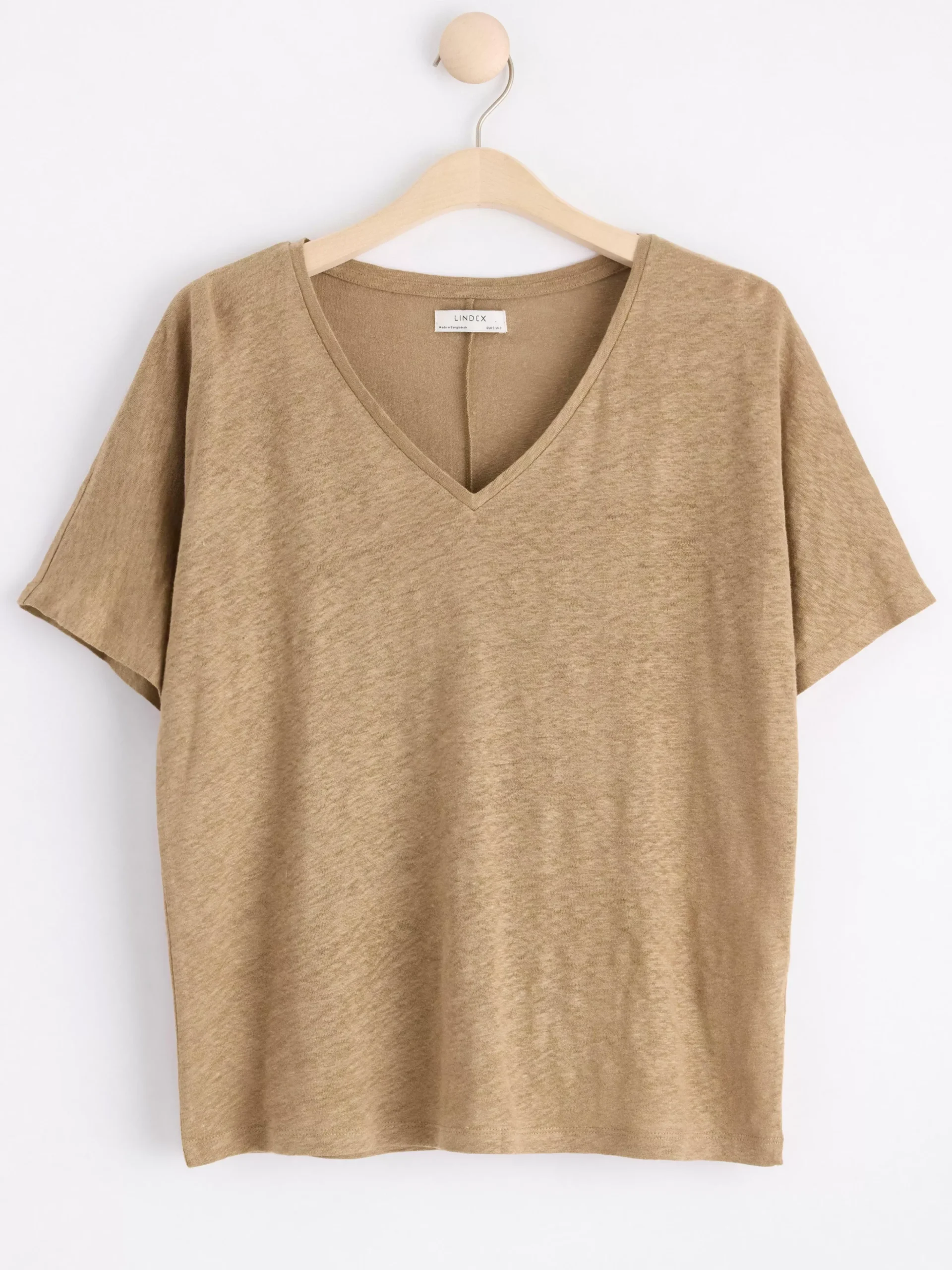 Toppar & T-Shirts>Lindex Kortarmad Linnetopp Med V‑Ringning Light Dusty Brown