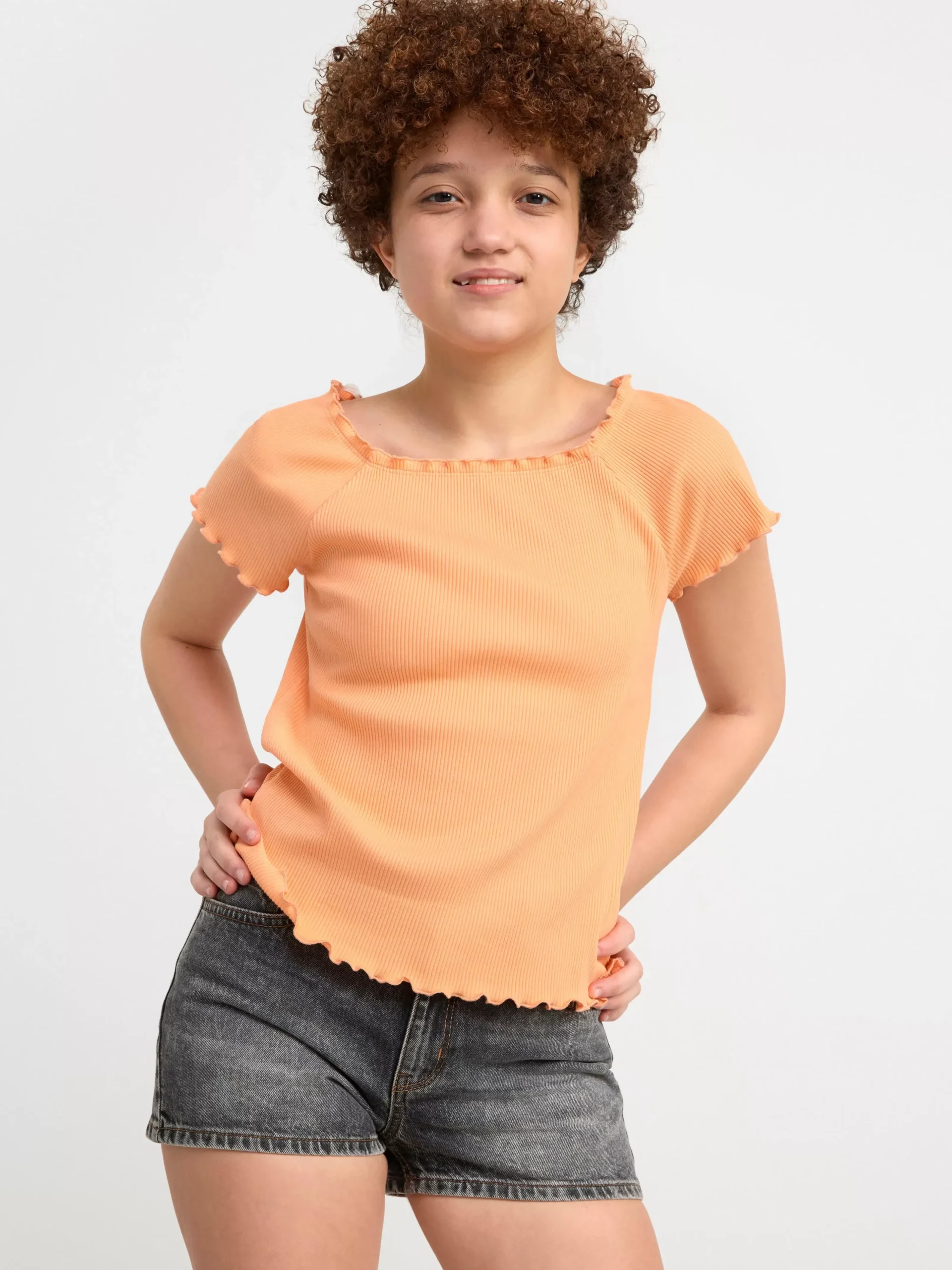 Toppar & T-Shirts>Lindex Kortarmad Ribbad Topp Light Orange