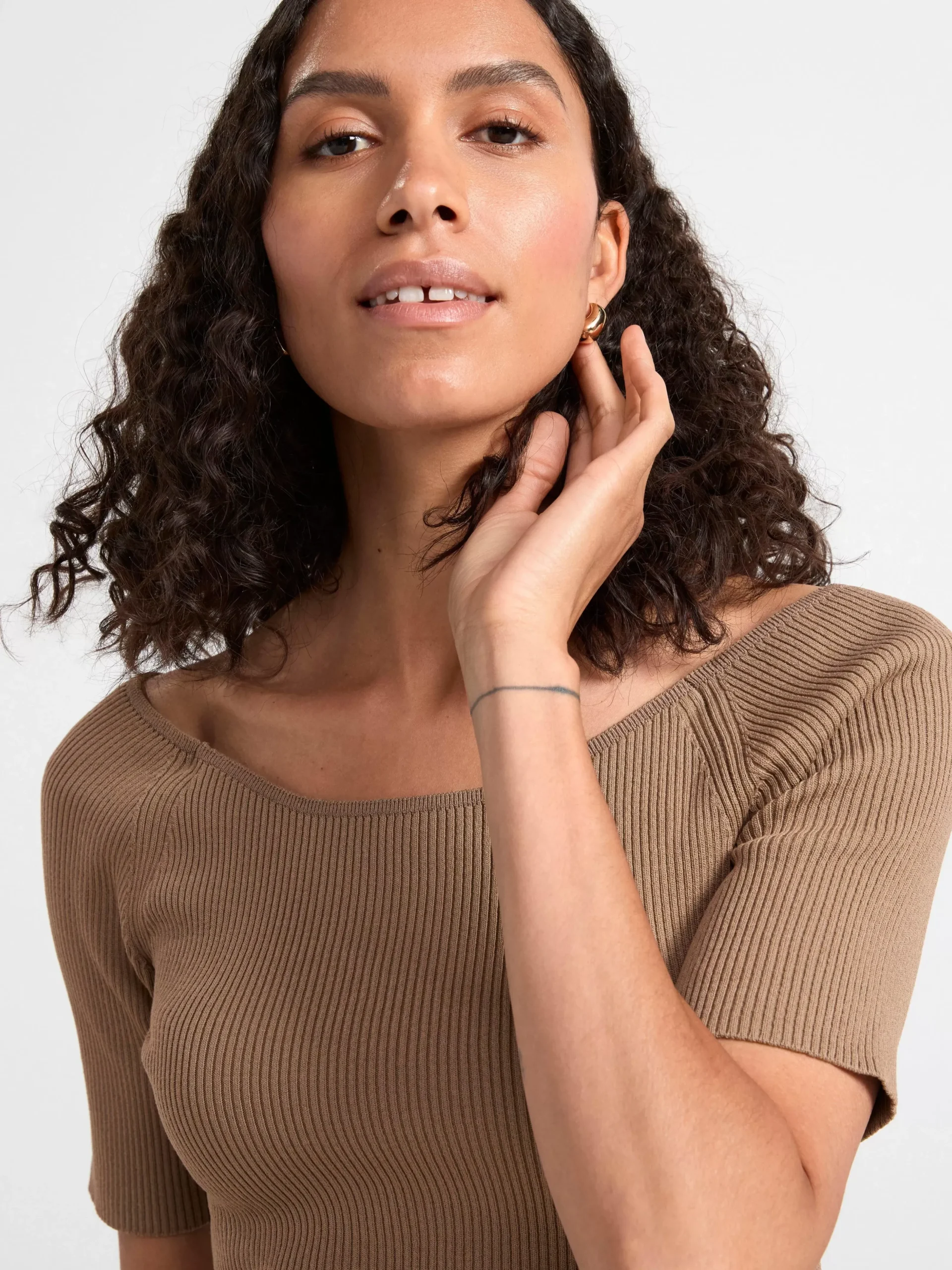 Toppar & T-Shirts>Lindex Kortarmad Ribbad Topp Brown