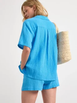 Blusar & Skjortor>Lindex Kortarmad Skjorta I Bomullsvav Light Dusty Blue