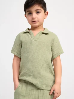 Toppar & T-Shirts>Lindex Kortarmad Skjorta I Krinklad Bomull Dusty Green