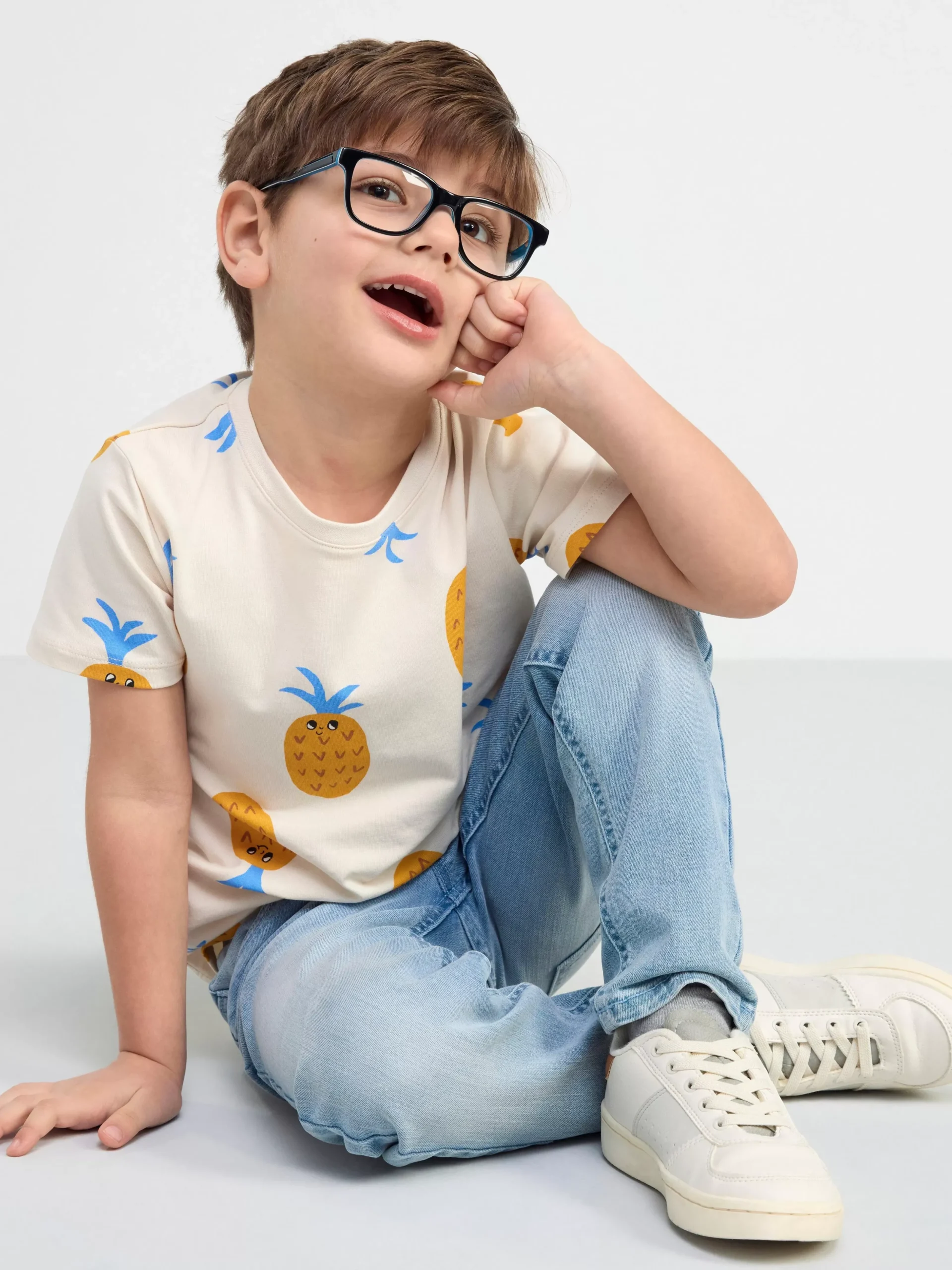 Toppar & T-Shirts>Lindex Kortarmad Topp Med Ananaser Light Beige