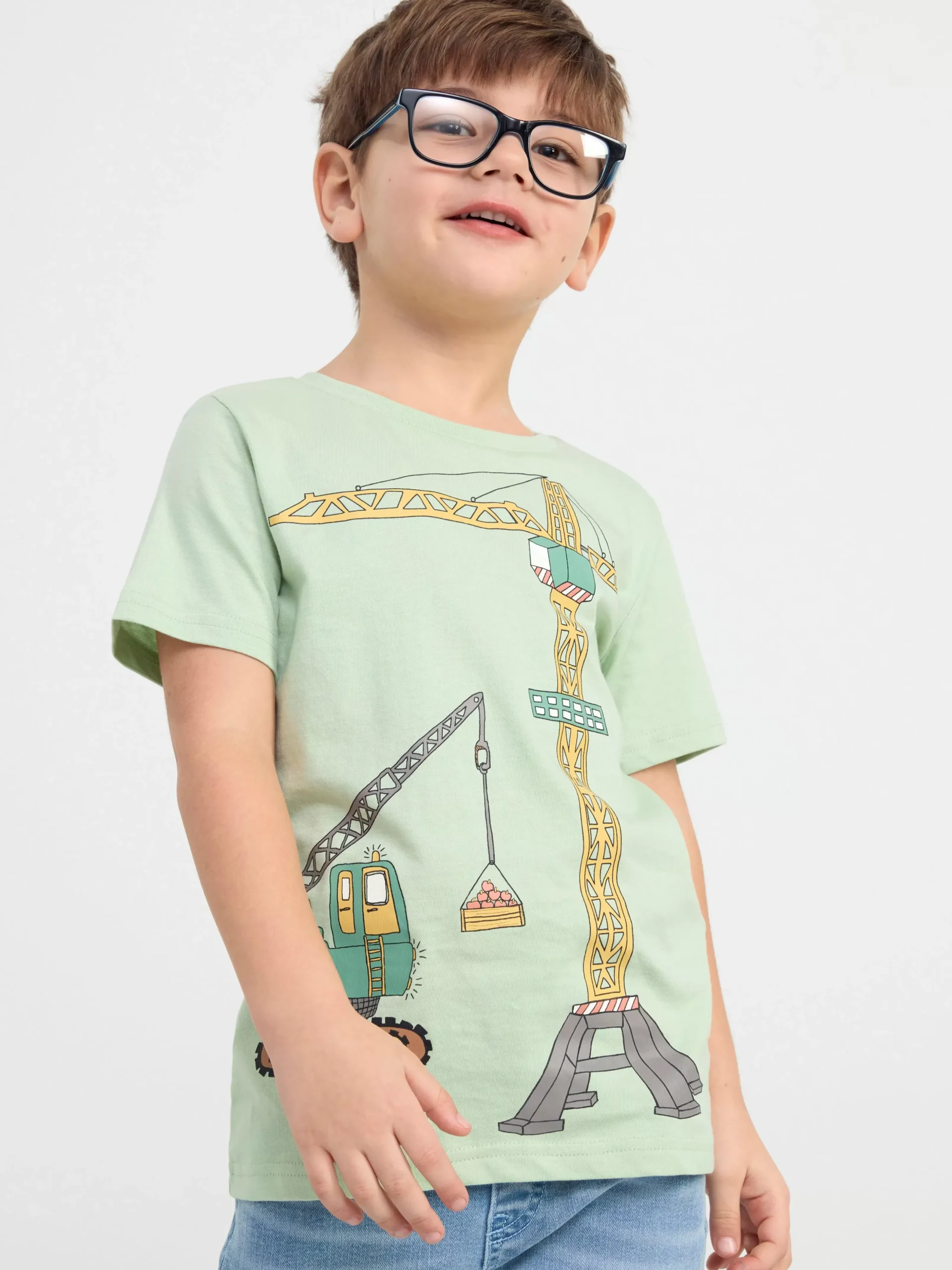Toppar & T-Shirts>Lindex Kortarmad Topp Med Arbetsfordon Light Dusty Green