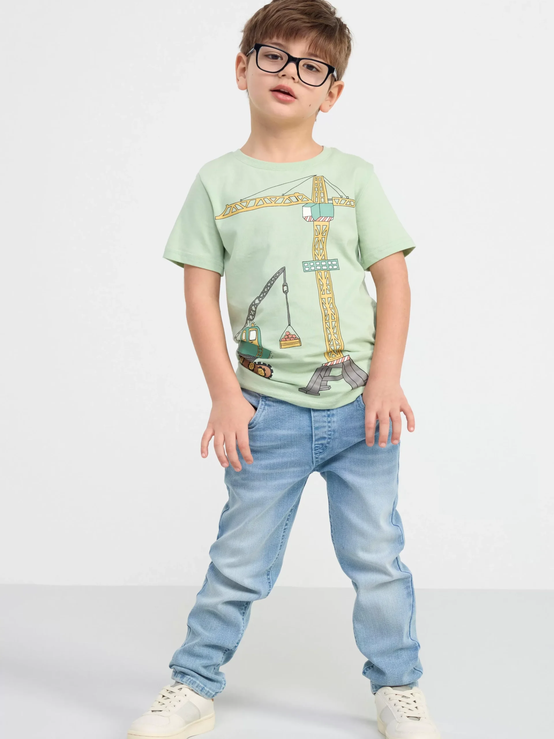 Toppar & T-Shirts>Lindex Kortarmad Topp Med Arbetsfordon Light Dusty Green