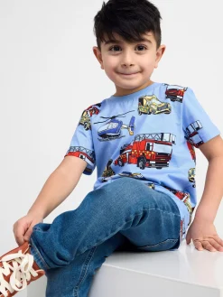 Toppar & T-Shirts>Lindex Kortarmad Topp Med Bilar Lt Dusty Blue