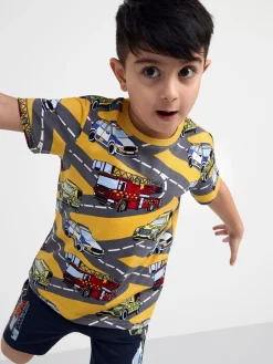 Toppar & T-Shirts>Lindex Kortarmad Topp Med Bilar Light Dusty Yellow