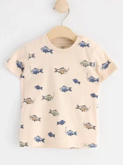 Toppar & T-Shirts>Lindex Kortarmad Topp Med Fiskar Light Beige