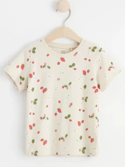 Toppar & T-Shirts>Lindex Kortarmad Topp Med Jordgubbar Light Beige