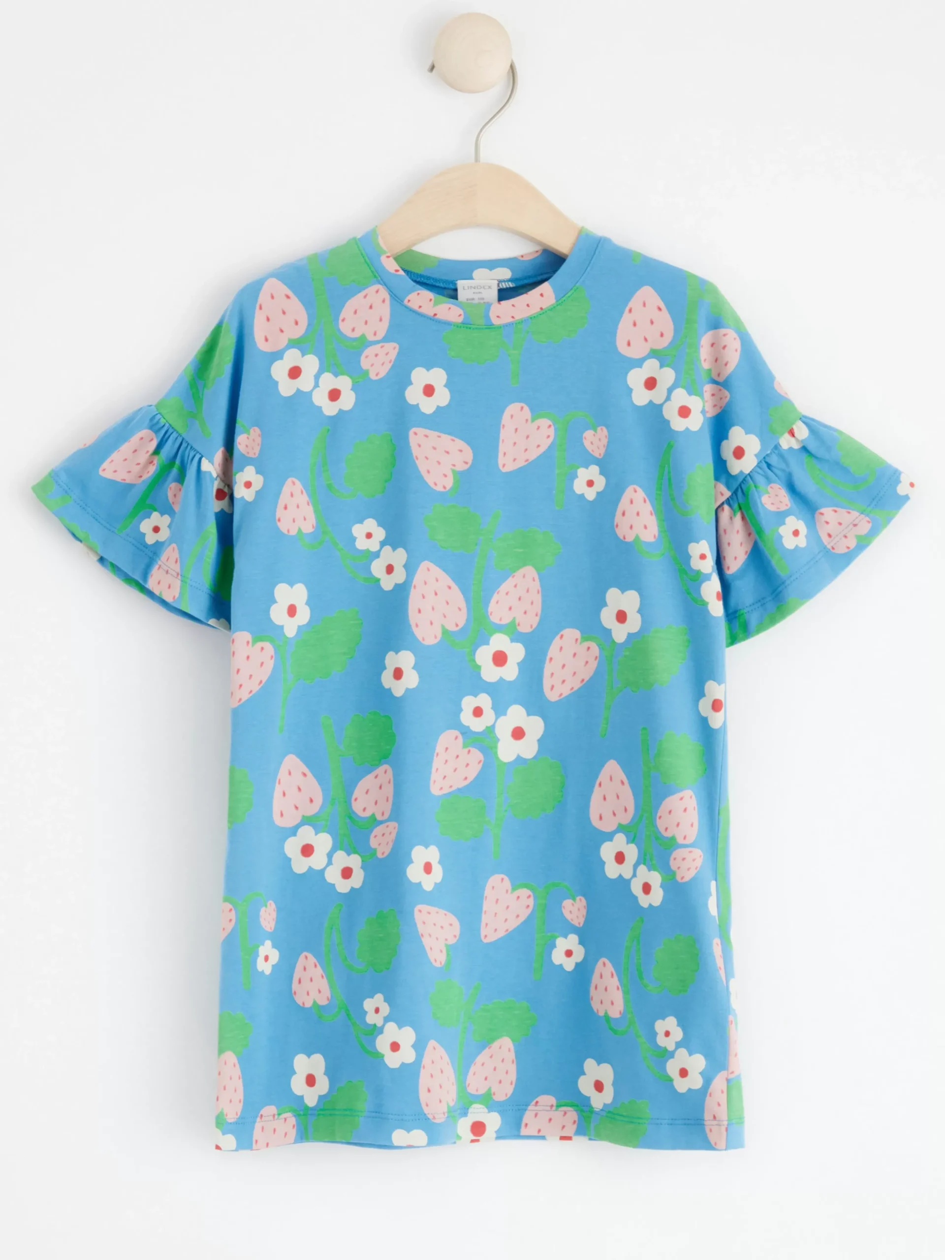 Toppar & T-Shirts>Lindex Kortarmad Tunika Med Jordgubbar Light Dusty Blue