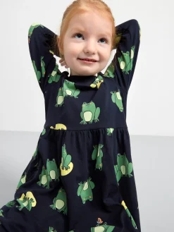 Klänningar>Lindex Langarmad Klanning Med Heltackande Monster Med Grodor Dark Navy