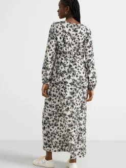 Klänningar>Lindex Langarmad Maxiklanning Med Blommor Och V-Ringning Light Beige