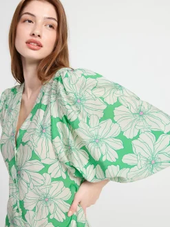 Klänningar>Lindex Langarmad Midiklanning Med Blommor Green