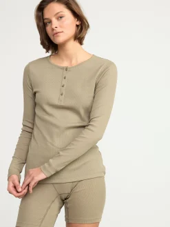Nattplagg>Lindex Langarmad Ribbad Pyjamastopp Khaki