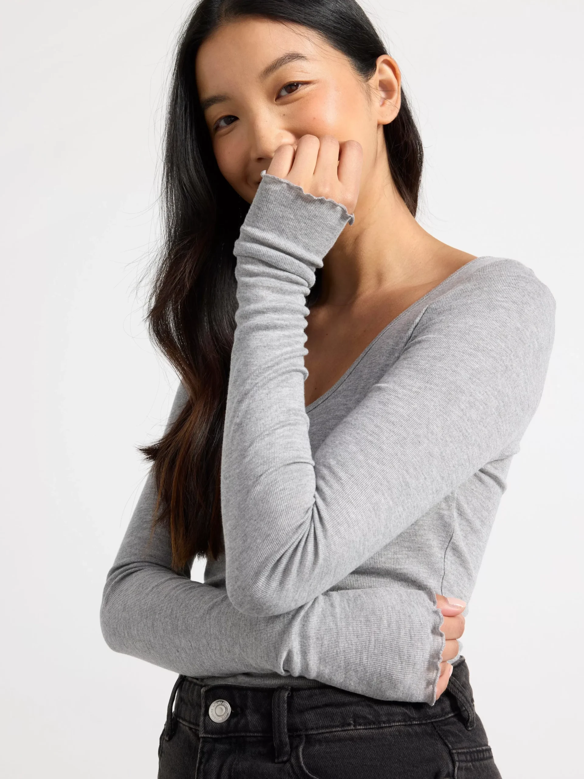 Toppar & T-Shirts>Lindex Langarmad Ribbad Topp Grey Melange