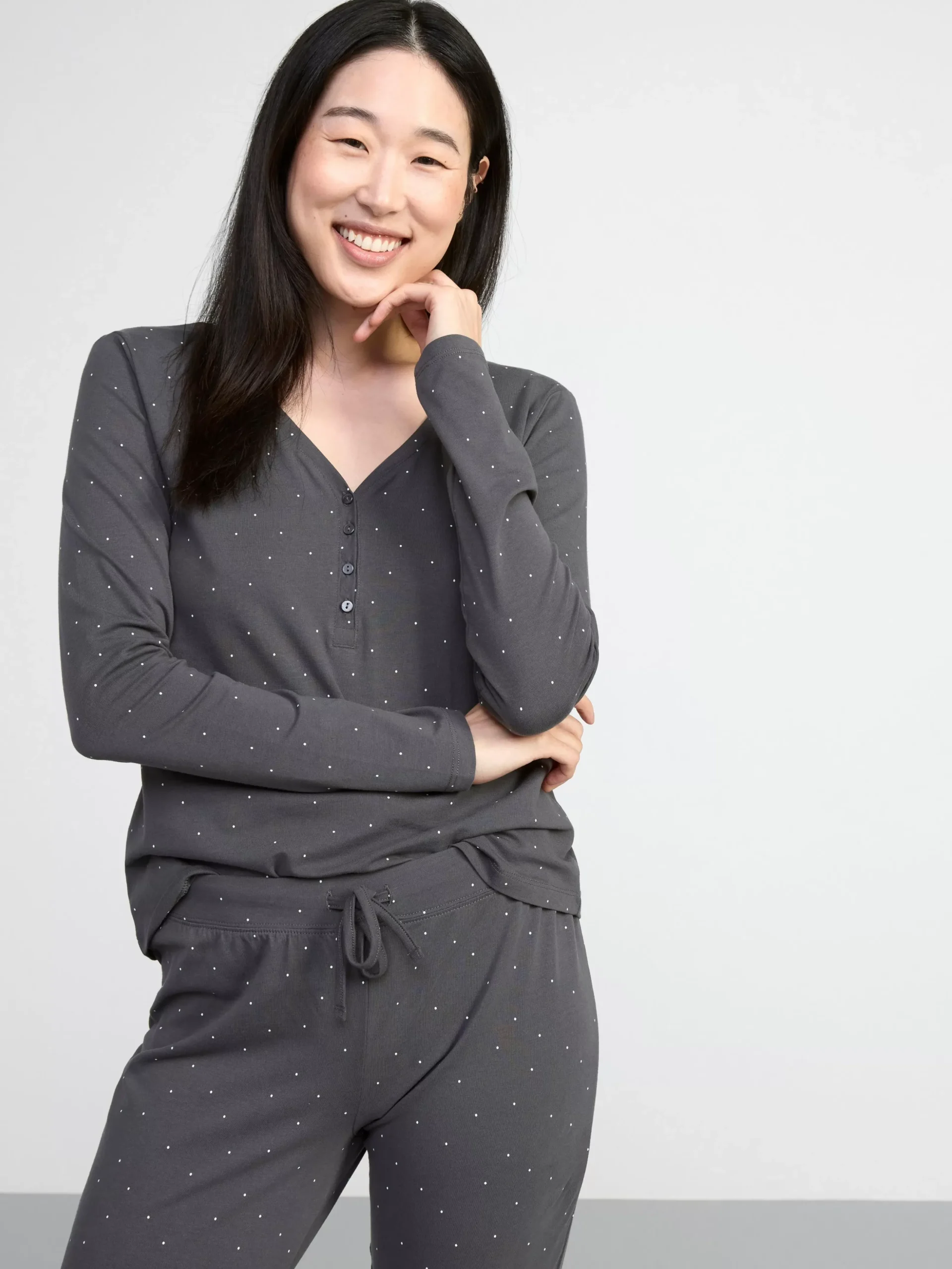 Nattplagg>Lindex Langarmad Trikatopp Med Knappsla Dark Grey