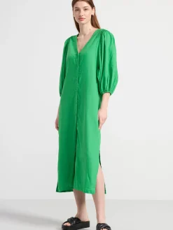 Klänningar>Lindex Midiklanning I Linneblandning Med Puffarm Green