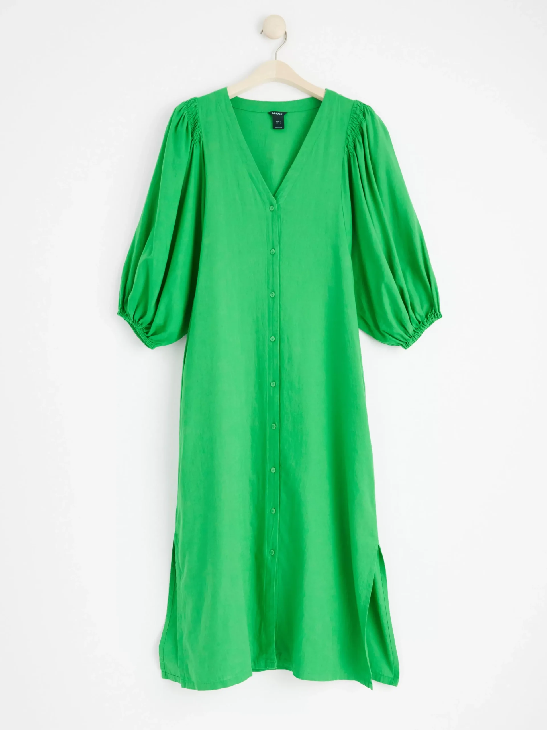 Klänningar>Lindex Midiklanning I Linneblandning Med Puffarm Green