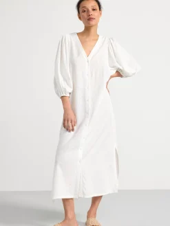 Klänningar>Lindex Midiklanning I Linneblandning Med Puffarm Off White