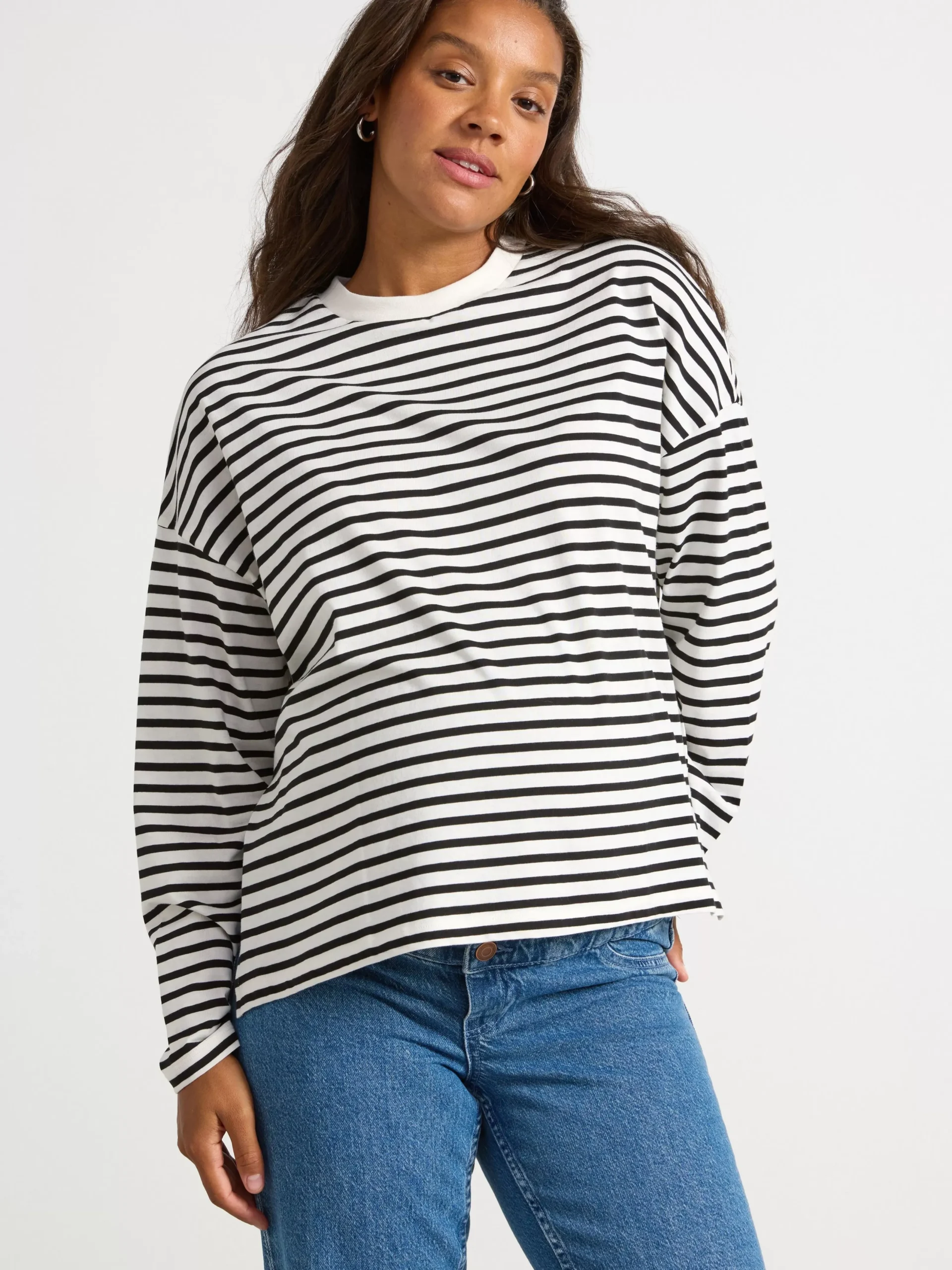 Toppar & T-Shirts>Lindex Mom Langarmad Topp Med Rander Light White
