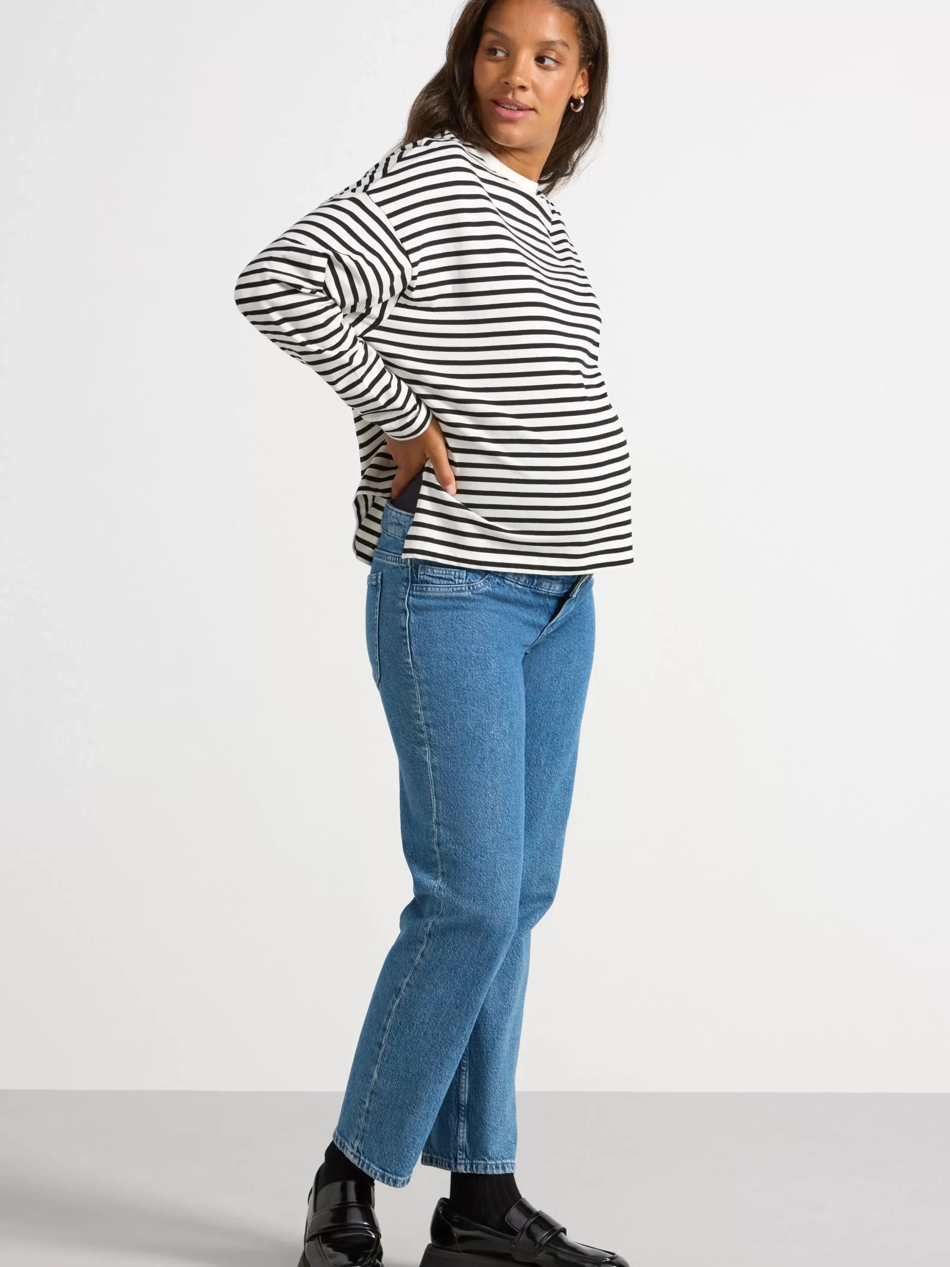 Toppar & T-Shirts>Lindex Mom Langarmad Topp Med Rander Light White