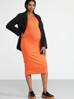 Klänningar>Lindex Mom Ribbad Klanning Med Lang Arm Dusty Orange