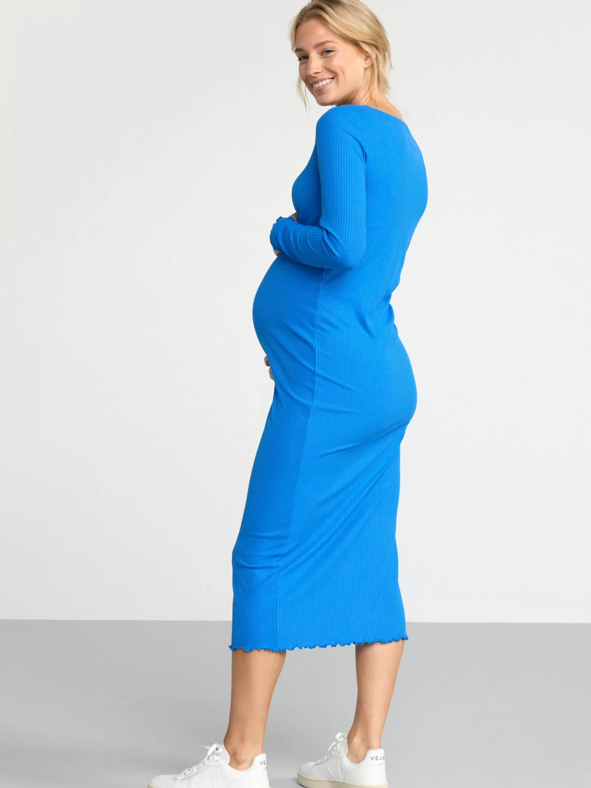 Klänningar>Lindex Mom Ribbad Trikaklanning Med Lang Arm Blue