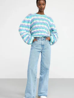 Tröjor & Cardigans>Lindex Monsterstickad Troja Med Rander Turqoise