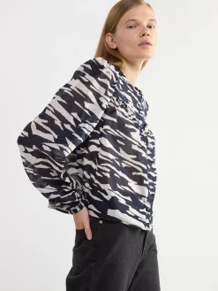 Blusar & Skjortor>Lindex Monstrad Bomullsblus Med Knappning Dark Blue