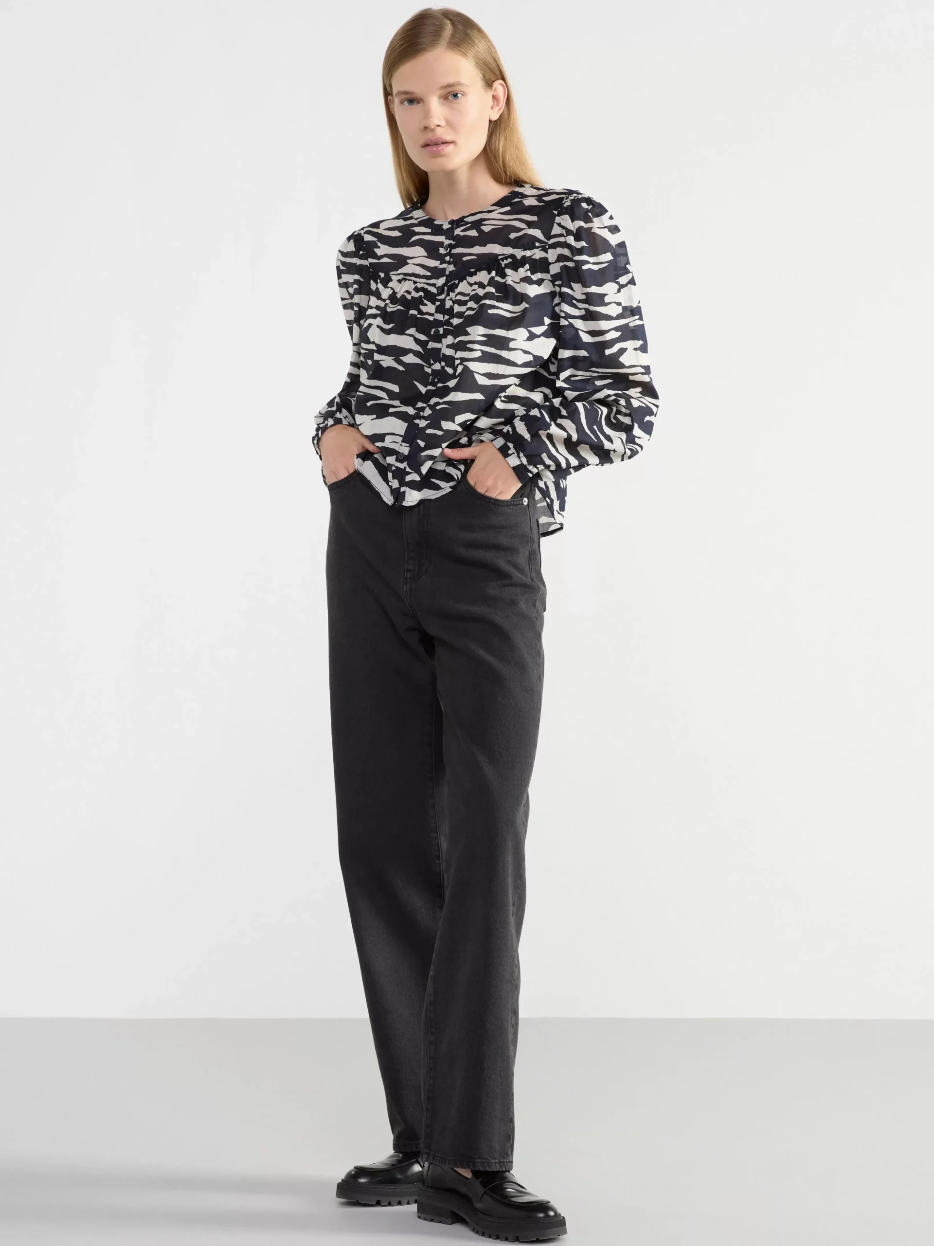 Blusar & Skjortor>Lindex Monstrad Bomullsblus Med Knappning Dark Blue