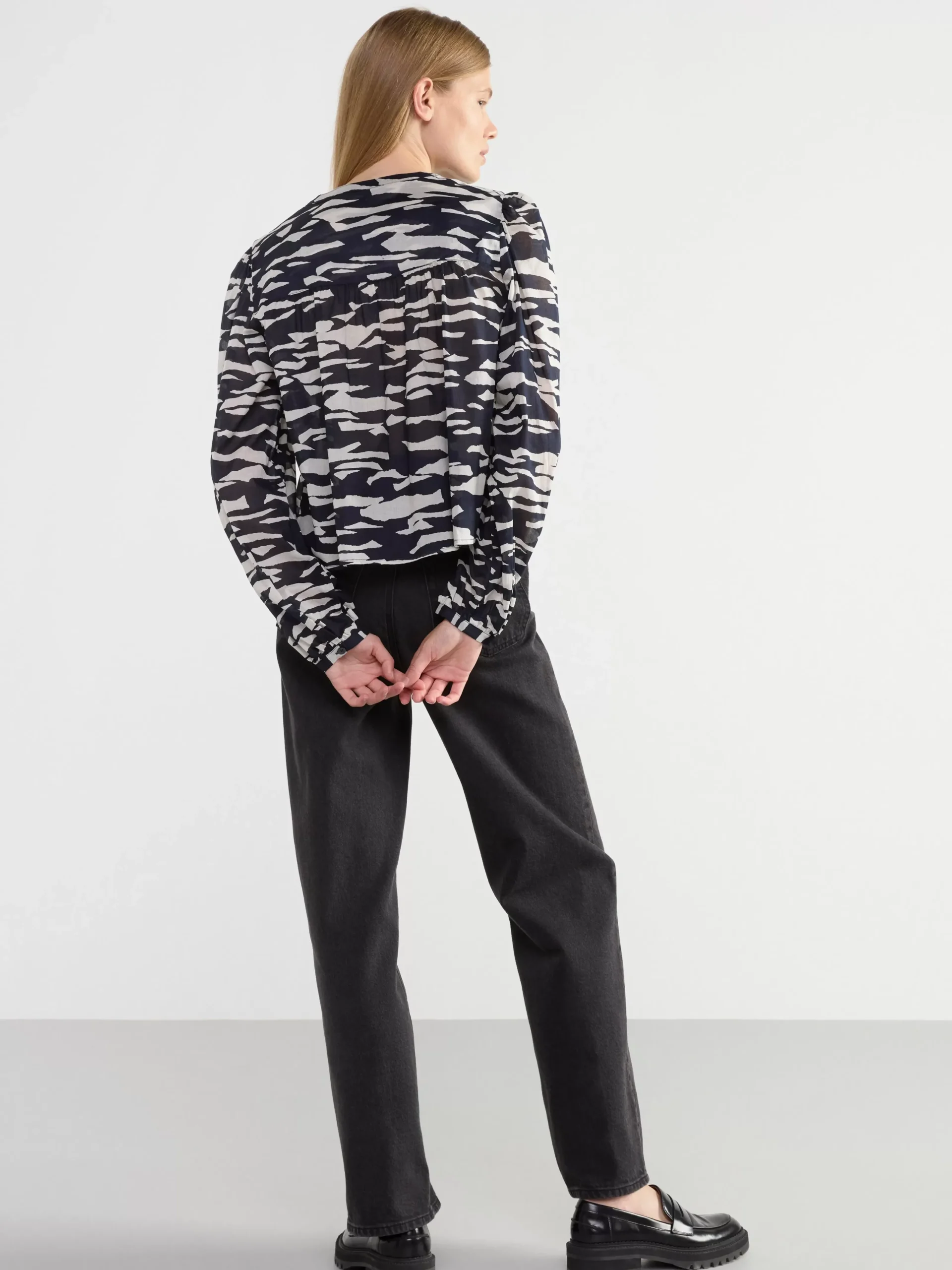 Blusar & Skjortor>Lindex Monstrad Bomullsblus Med Knappning Dark Blue