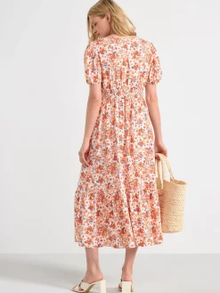 Klänningar>Lindex Monstrad Klanning Med Puffarm Light Orange