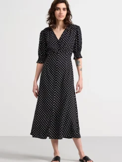 Klänningar>Lindex Prickig Midiklanning Med Puffarm Black