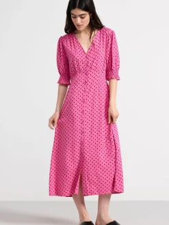 Klänningar>Lindex Prickig Midiklanning Med Puffarm Dark Pink