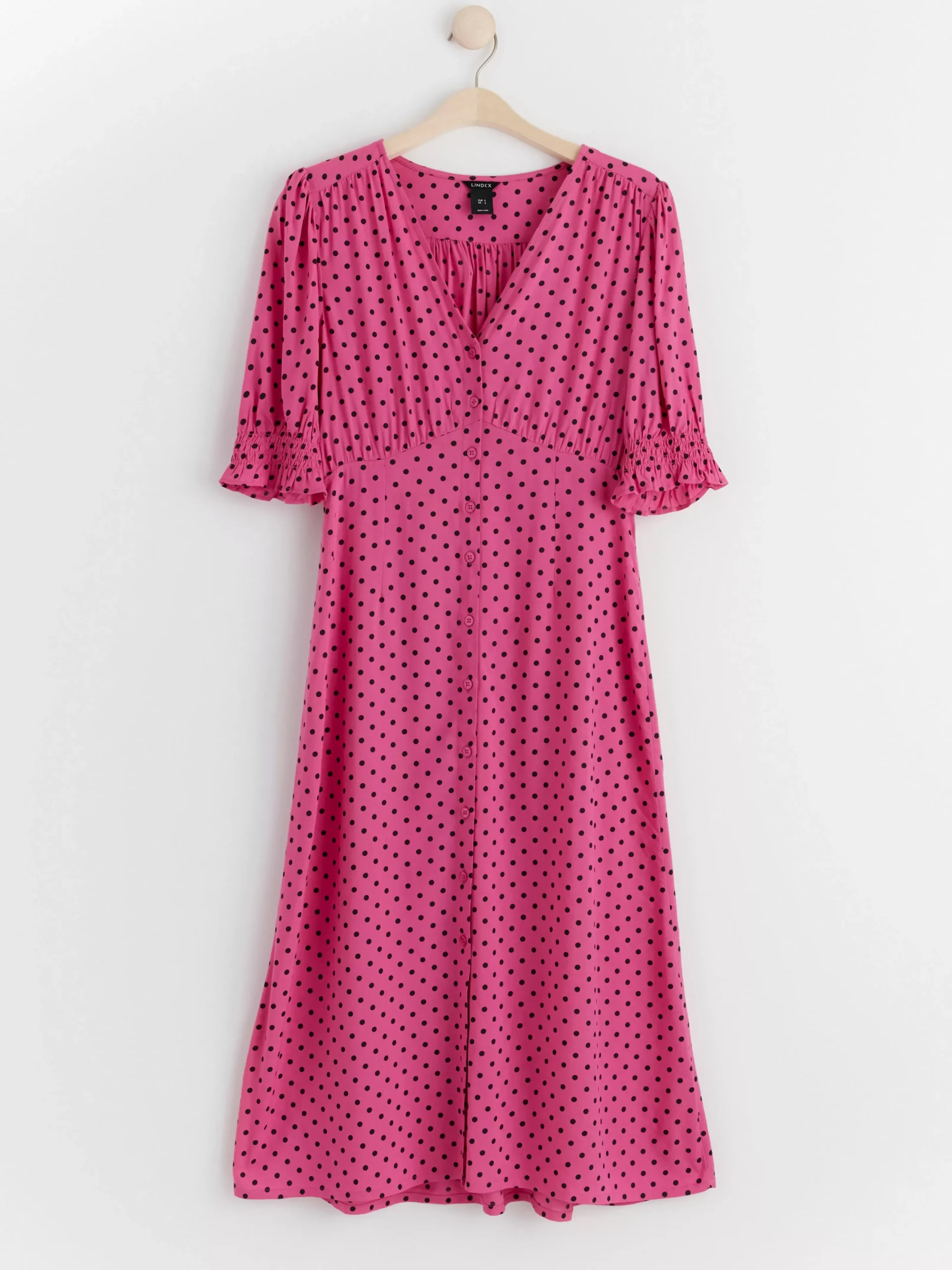 Klänningar>Lindex Prickig Midiklanning Med Puffarm Dark Pink