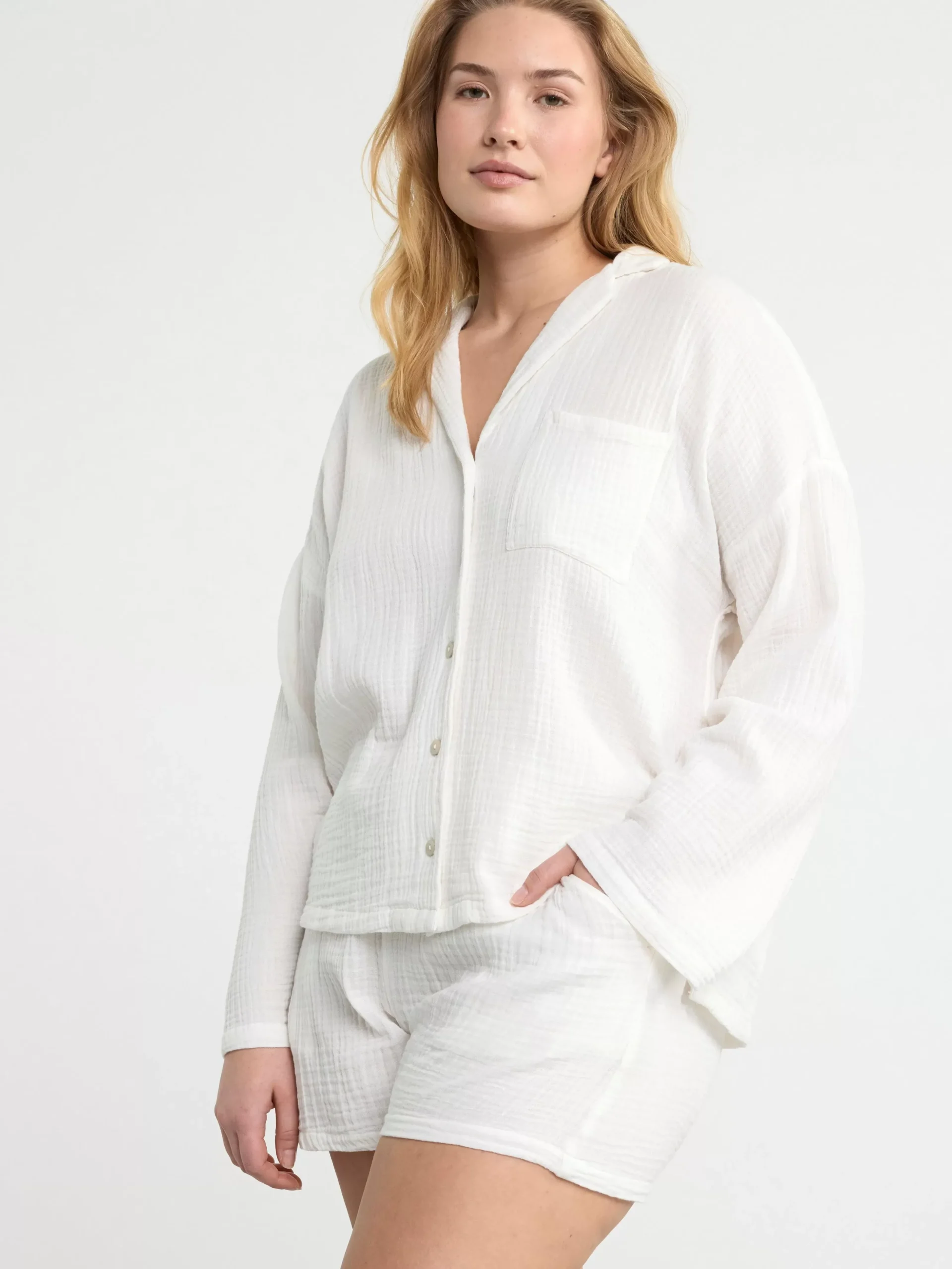 Nattplagg>Lindex Pyjamasset I Bomullsvav Off White
