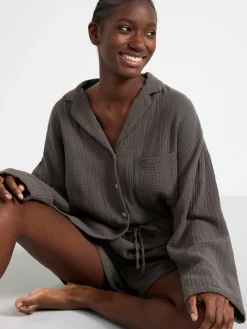Nattplagg>Lindex Pyjamasset I Bomullsvav Dark Grey