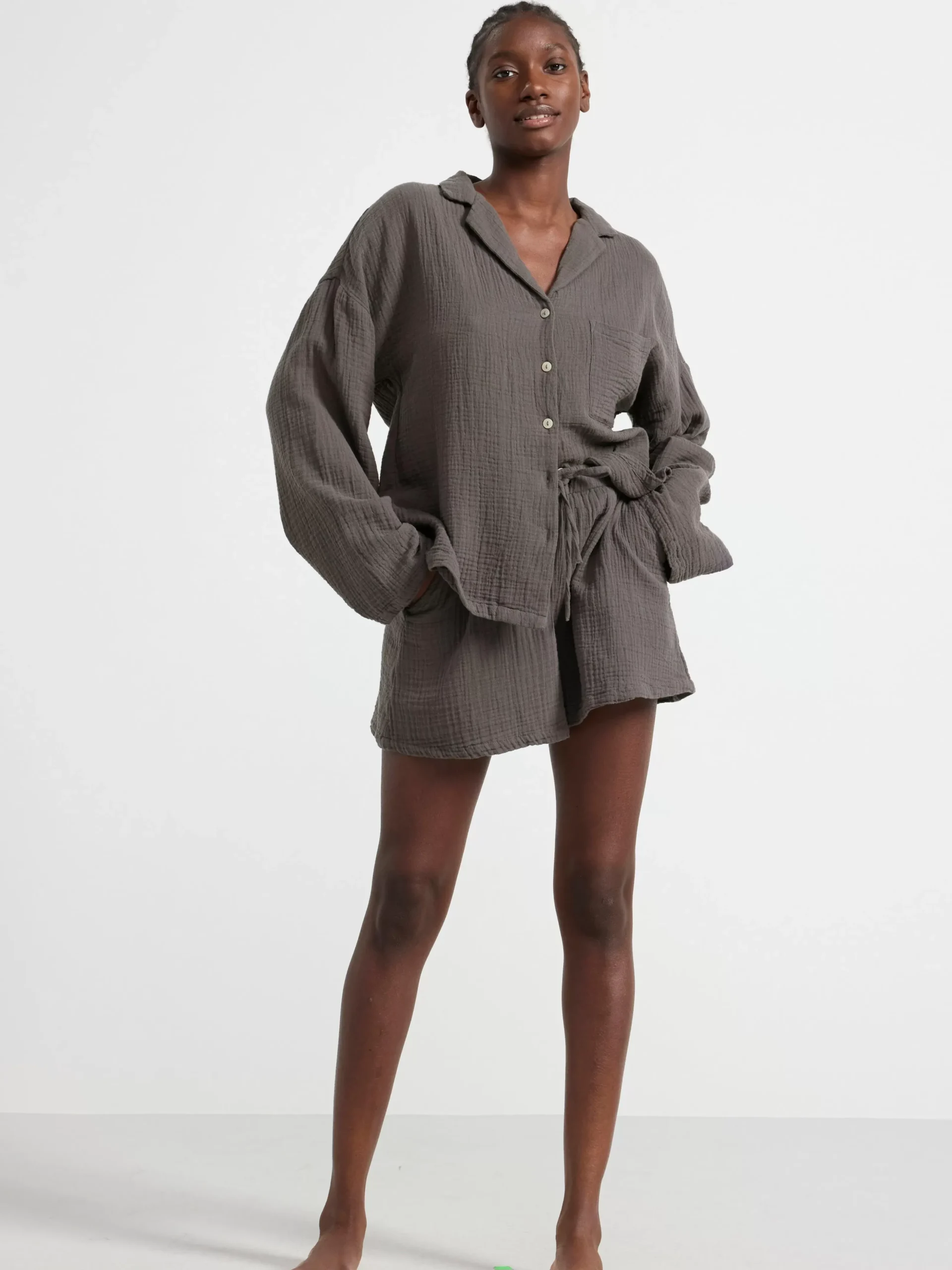 Nattplagg>Lindex Pyjamasset I Bomullsvav Dark Grey