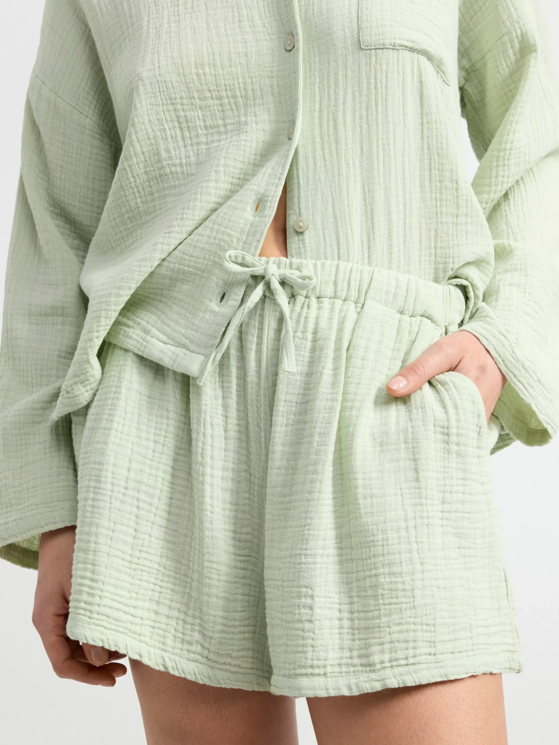 Nattplagg>Lindex Pyjamasset I Bomullsvav Light Green