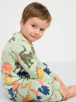 Nattplagg>Lindex Pyjamasset Med Dinosaurier Light Dusty Green