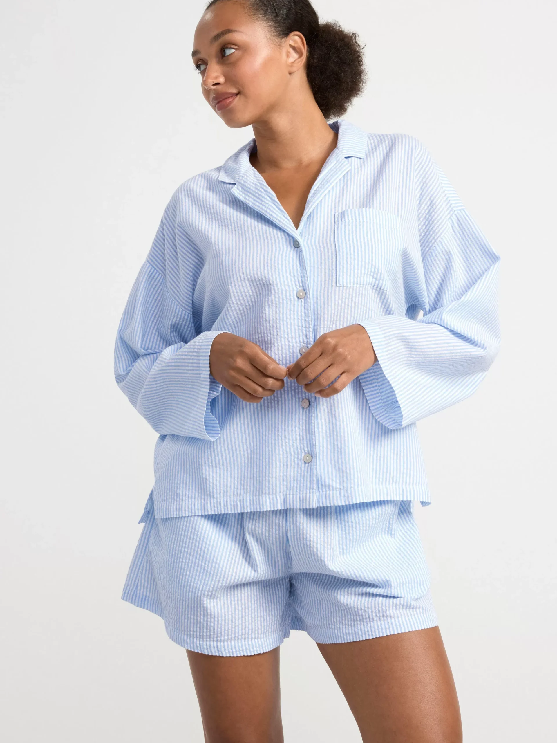 Nattplagg>Lindex Pyjamasset Med Skjorta Och Shorts I Backeboljabomull Blue