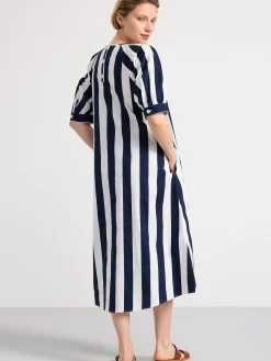Klänningar>Lindex Randig Midiklanning Med Puffarm Navy